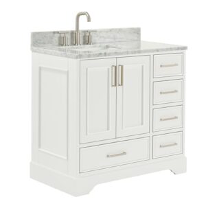 ARIEL Stafford 37 Inch Bathroom Vanity with Sink, White Bathroom Vanity, Solid Wood Vanity Base Cabinet, Carrara Marble Countertop, Left Rectangular Undermount Sink, 2 Soft Closing Doors, 5 Drawers