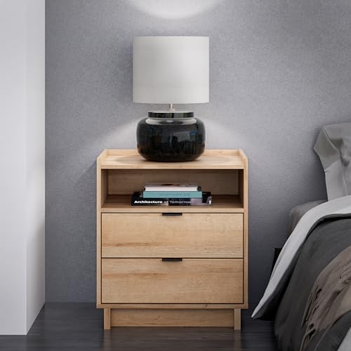 Prepac Simply Modern Nightstand Bedside Table, Natural Oak Nightstand for Bedroom, End Table with 2 Drawers and Open Shelf 23.75" W x 26.75" H x 16" D