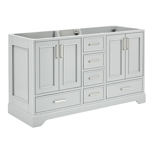 ARIEL Stafford 60" Grey Bathroom Vanity Base Cabinet, Double Sink Configuration, 4 Soft Closing Doors, 6 Full Extension Dovetail Drawers, Brushed Nickel