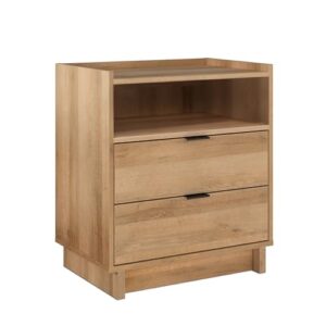 prepac simply modern nightstand bedside table, natural oak nightstand for bedroom, end table with 2 drawers and open shelf 23.75" w x 26.75" h x 16" d