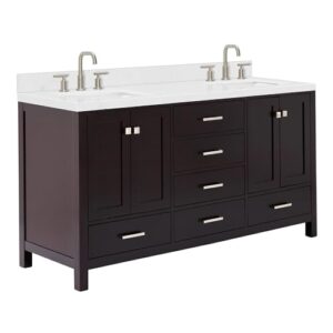 ARIEL Cambridge 66" Espresso Double Vanity, 1.5" Edge Carrara White Quartz Countertop & Splash, Rectangular Sinks, 4 Soft Closing Doors, 6 Full Extension Dovetail Drawers, Brushed Nickel