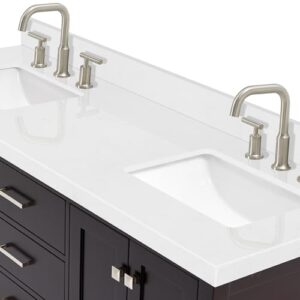 ARIEL Cambridge 66" Espresso Double Vanity, 1.5" Edge Carrara White Quartz Countertop & Splash, Rectangular Sinks, 4 Soft Closing Doors, 6 Full Extension Dovetail Drawers, Brushed Nickel