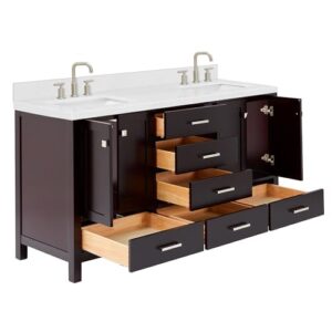 ARIEL Cambridge 66" Espresso Double Vanity, 1.5" Edge Carrara White Quartz Countertop & Splash, Rectangular Sinks, 4 Soft Closing Doors, 6 Full Extension Dovetail Drawers, Brushed Nickel