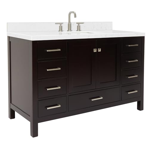 ARIEL Cambridge 54" Espresso Bathroom Vanity, 1.5" Edge Carrara White Quartz Countertop & Splash, Rectangular Sink, 2 Soft Closing Doors, 9 Full Extension Dovetail Drawers, Brushed Nickel