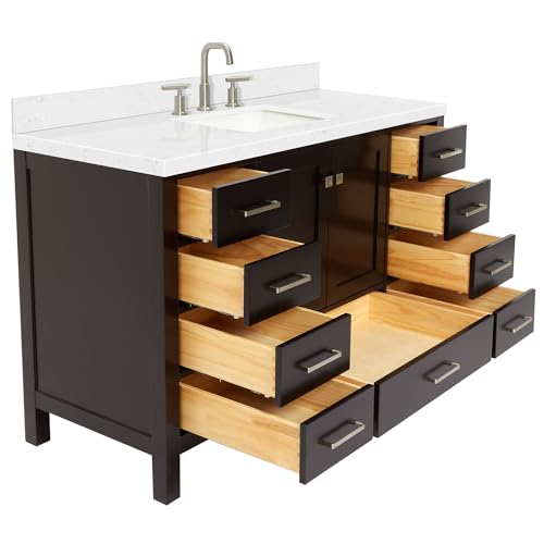 ARIEL Cambridge 54" Espresso Bathroom Vanity, 1.5" Edge Carrara White Quartz Countertop & Splash, Rectangular Sink, 2 Soft Closing Doors, 9 Full Extension Dovetail Drawers, Brushed Nickel