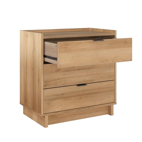 Prepac Simply Modern Nightstand Bedside Table, Natural Oak Nightstand for Bedroom, End Table with 3 Drawers 26.5" W x 26.75" H x 16" D