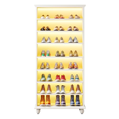 LITTLE TREE 69" Tall Shoe Storage Cabinet with LED Lighting, 9-Tier 30 Pairs Freestanding Shoes Display Cabinet with Solid Wood Legs for Entryway, White