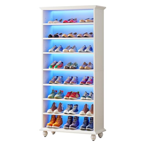 LITTLE TREE 69" Tall Shoe Storage Cabinet with LED Lighting, 9-Tier 30 Pairs Freestanding Shoes Display Cabinet with Solid Wood Legs for Entryway, White