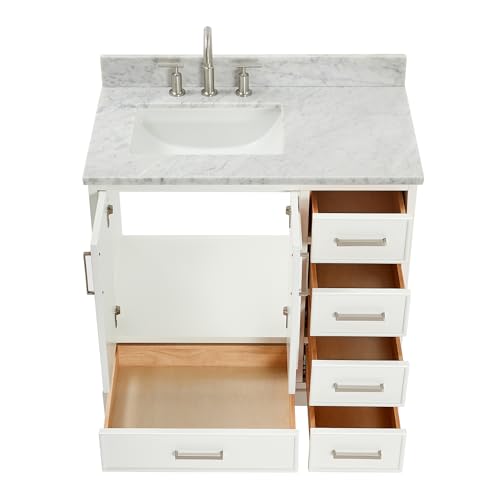 ARIEL Stafford 37 Inch Bathroom Vanity with Sink, White Bathroom Vanity, Solid Wood Vanity Base Cabinet, Carrara Marble Countertop, Left Rectangular Undermount Sink, 2 Soft Closing Doors, 5 Drawers