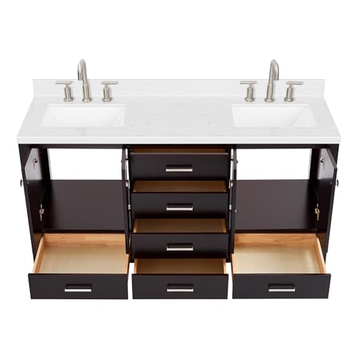 ARIEL Cambridge 66" Espresso Double Vanity, 1.5" Edge Carrara White Quartz Countertop & Splash, Rectangular Sinks, 4 Soft Closing Doors, 6 Full Extension Dovetail Drawers, Brushed Nickel