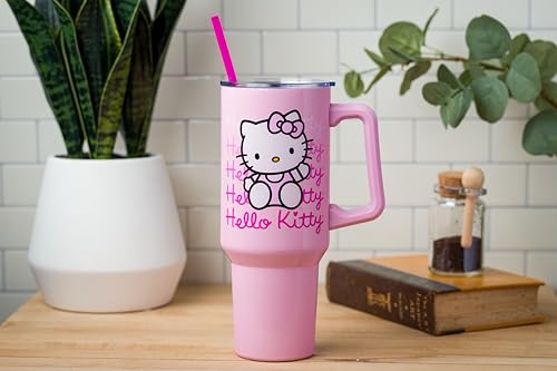 Silver Buffalo Sanrio Hello Kitty Waving Stainless Steel Tumbler with Handle and Straw, Fits in Standard Cup Holder, 40 Ounces