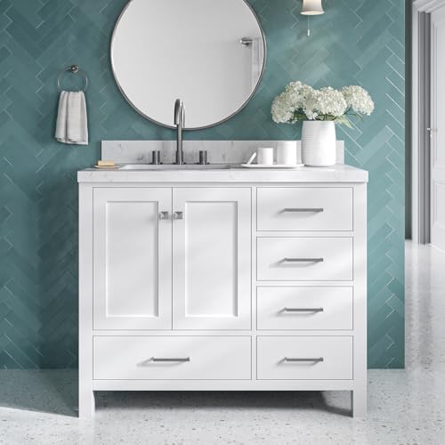 ARIEL Cambridge 42 Inch Bathroom Vanity with Sink, White Bathroom Vanity, Solid Wood Vanity Base Cabinet, Carrara White Quartz 1.5" Edge, Rectangular Single Sink, 2 Soft Closing Doors, 5 Drawers