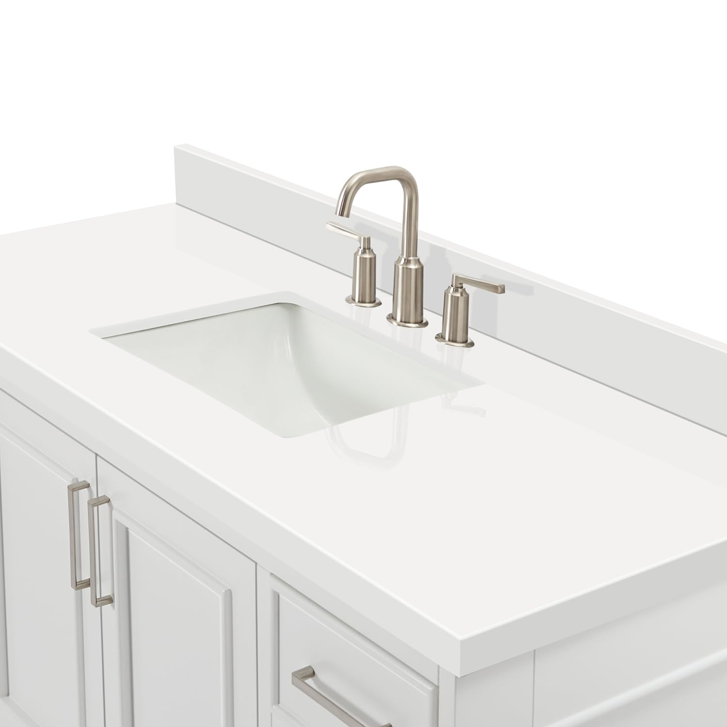 ARIEL Stafford 55" White Bathroom Vanity, 1.5" Edge Pure White Quartz Countertop & Splash, Single Rectangular Sink, 2 Soft Closing Doors, 9 Full Extension Dovetail Drawers, Brushed Nickel