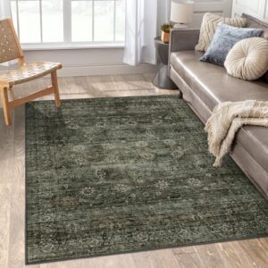 zealude boho green washable rugs 5x7 living room area rug non slip vintage rugs for bedroom aesthetic,traditional dining room rug indoor carpet for office dining table decor (sage green/grey,5 x 7)