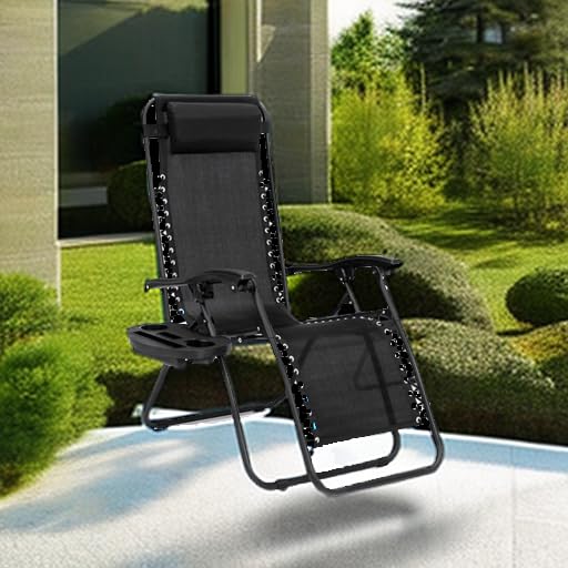 EZONE Zero Gravity Lounge Chairs Outdoor Adjustable Reclining Patio Chair Steel Mesh Folding Recliner for Pool Beach Camping Lounge Chair with Pillows and Cup Tray (1, Black)