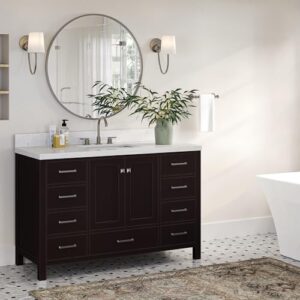 ARIEL Cambridge 54" Espresso Bathroom Vanity, 1.5" Edge Carrara White Quartz Countertop & Splash, Rectangular Sink, 2 Soft Closing Doors, 9 Full Extension Dovetail Drawers, Brushed Nickel