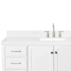 ARIEL Cambridge 60" White Bathroom Vanity, 1.5" Edge Carrara White Quartz Countertop & Splash, Rectangular Sink, 2 Soft Closing Doors, 9 Full Extension Dovetail Drawers, Brushed Nickel