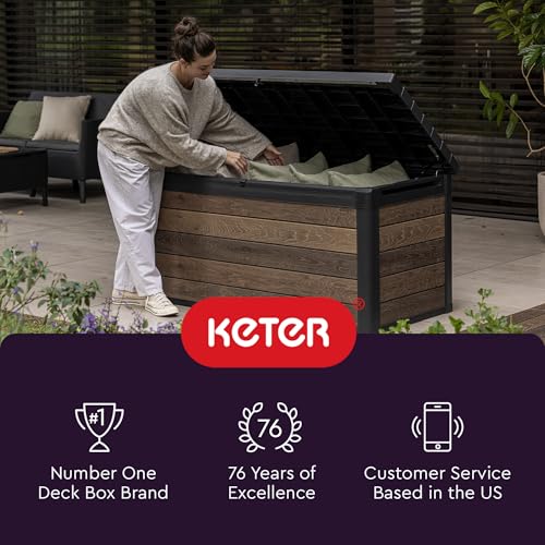 Keter Kentwood 50 Gallon Resin Deck Box-Organization and Storage for Patio Cushions, Throw Pillows and Garden Tools, Brown