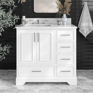 ARIEL Stafford 37 Inch Bathroom Vanity with Sink, White Bathroom Vanity, Solid Wood Vanity Base Cabinet, Carrara Marble Countertop, Left Rectangular Undermount Sink, 2 Soft Closing Doors, 5 Drawers