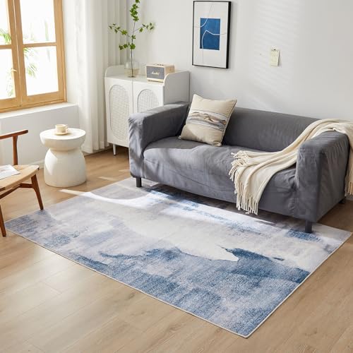 tniops Modern Light Navy Blue Area Rug,Non Slip Colorful Big Large Carpets, Abstract Machine Washable 5x7 Rugs for Living Room and Bedroom, Soft Blue and White Rug for Dining Center