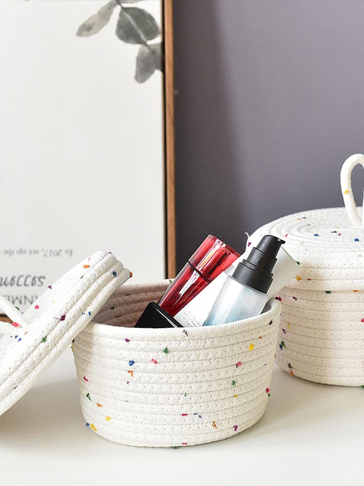 Cotton Rope Storage Basket with Lid Round Basket Small Woven Basket with Lid Decorative Woven Baskets for Organizing for Home Storage, Living Room(22x14cm)