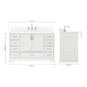 ARIEL Stafford 55" White Bathroom Vanity, 1.5" Edge Pure White Quartz Countertop & Splash, Single Rectangular Sink, 2 Soft Closing Doors, 9 Full Extension Dovetail Drawers, Brushed Nickel