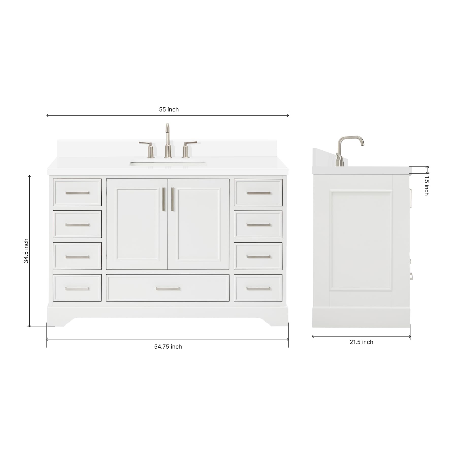 ARIEL Stafford 55" White Bathroom Vanity, 1.5" Edge Pure White Quartz Countertop & Splash, Single Rectangular Sink, 2 Soft Closing Doors, 9 Full Extension Dovetail Drawers, Brushed Nickel