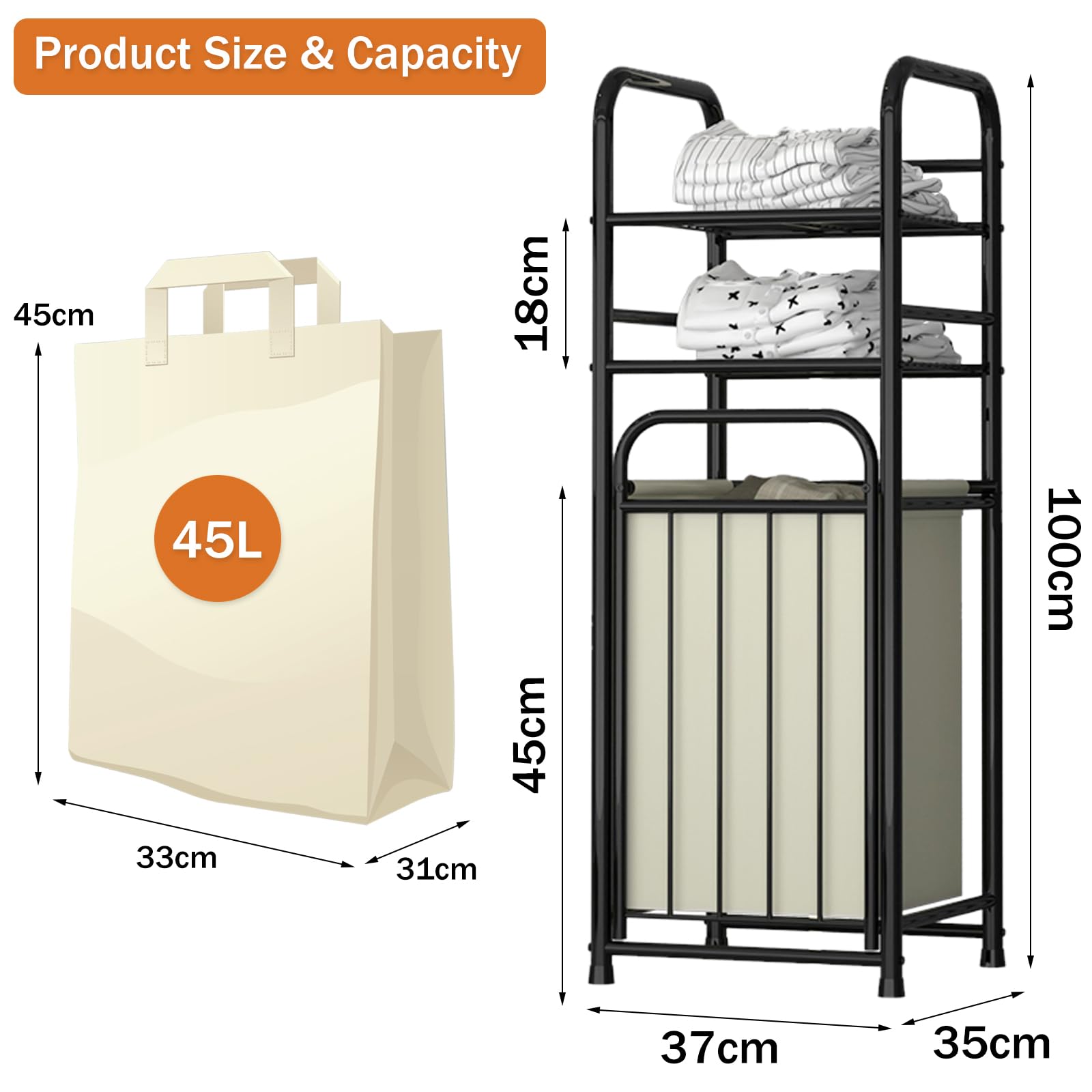 Tilt Out Laundry Hamper with 2 Tier Shelves,Laundry Basket with Removable Liner Bag,Clothes Hamper with Divided Bag for Laundry Room, Bathroom, Bedroom,45 Liter