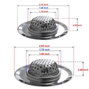 Huntonry Small Bathroom Sink Strainer, Small Drain Hair Catcher for Shower Bath Tub Laundry Sink, Stainless Steel Drain Basket, 2.90" Top / 1.50" Basket and 2.12" Top / 1.15" Basket, 2-Pack