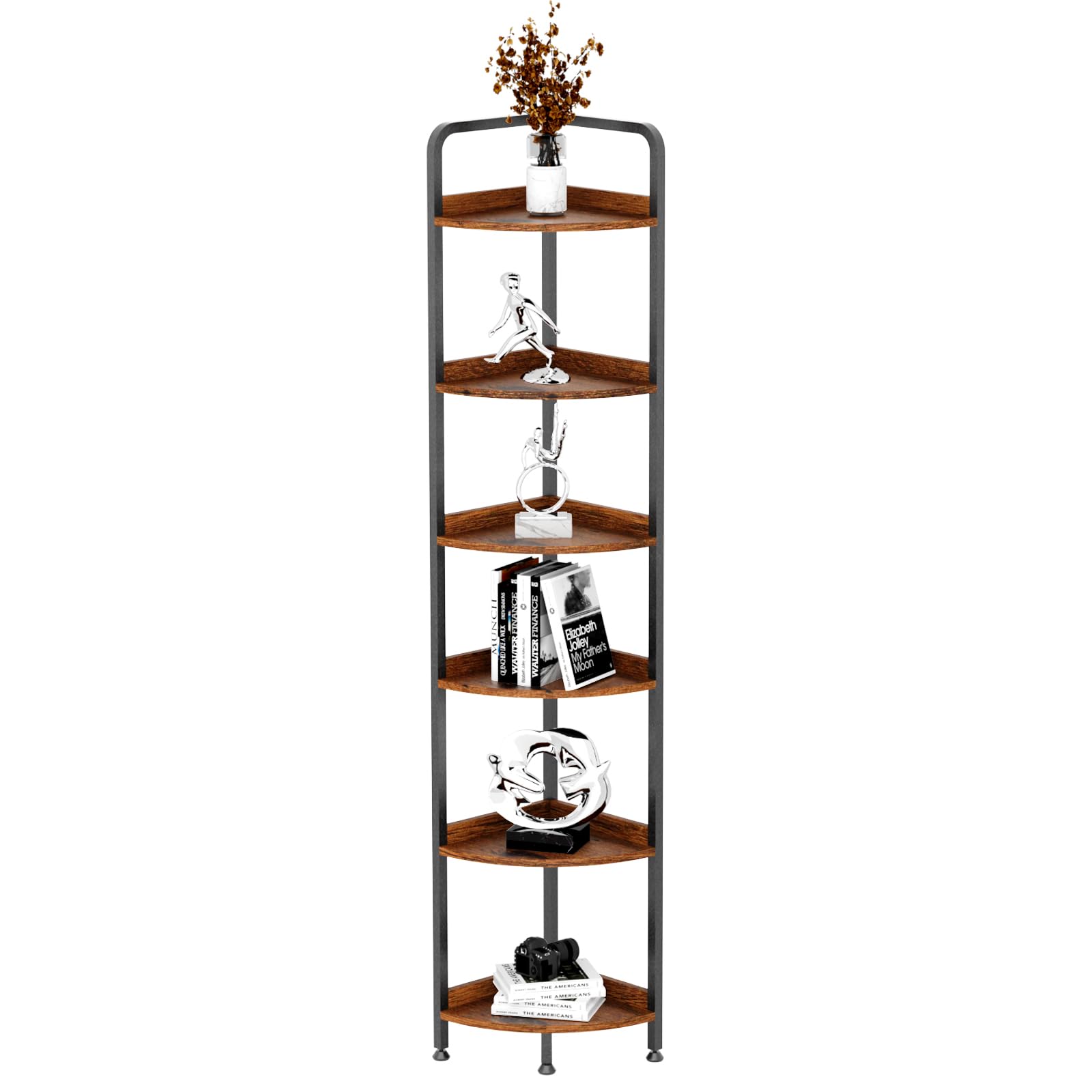 ousamili Corner Shelf Stand, 6-Tier Corner Bookshelf, Corner Plant Stand with Metal Frame Multi-Purpose Display and Storage Unit for Living Room, Home Office, Rustic Brown (6 Tier)