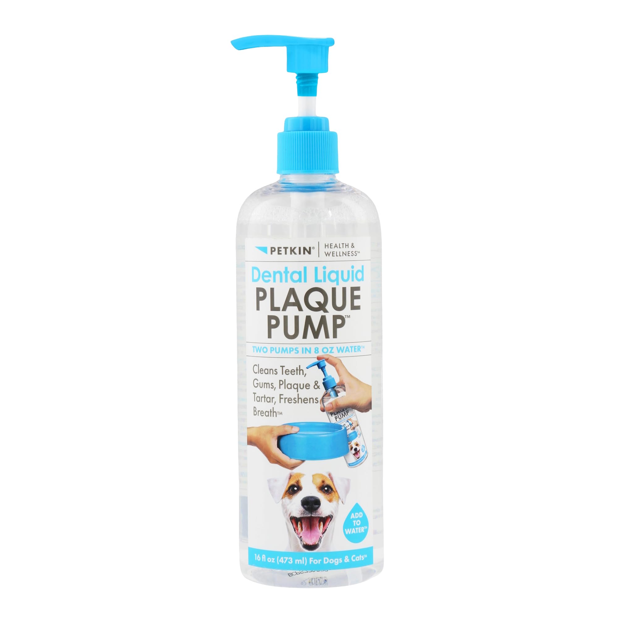 Petkin Dental Liquid Plaque Pump, 16 Fl Oz - Dental Water Additive Cleans Pet's Teeth, Gums, Plaque & Freshens Breath - Invisible Formula Has No Taste, Color, or Smell - for Dogs and Cats