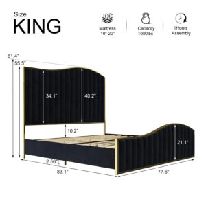 HOWE King Size Harp Bed Frame, Velvet Upholstered Platform Bed with 61.4" Vertical Channel Gold Trim Headboard & Footboard/Wooden Slats/No Box Spring Needed/Black