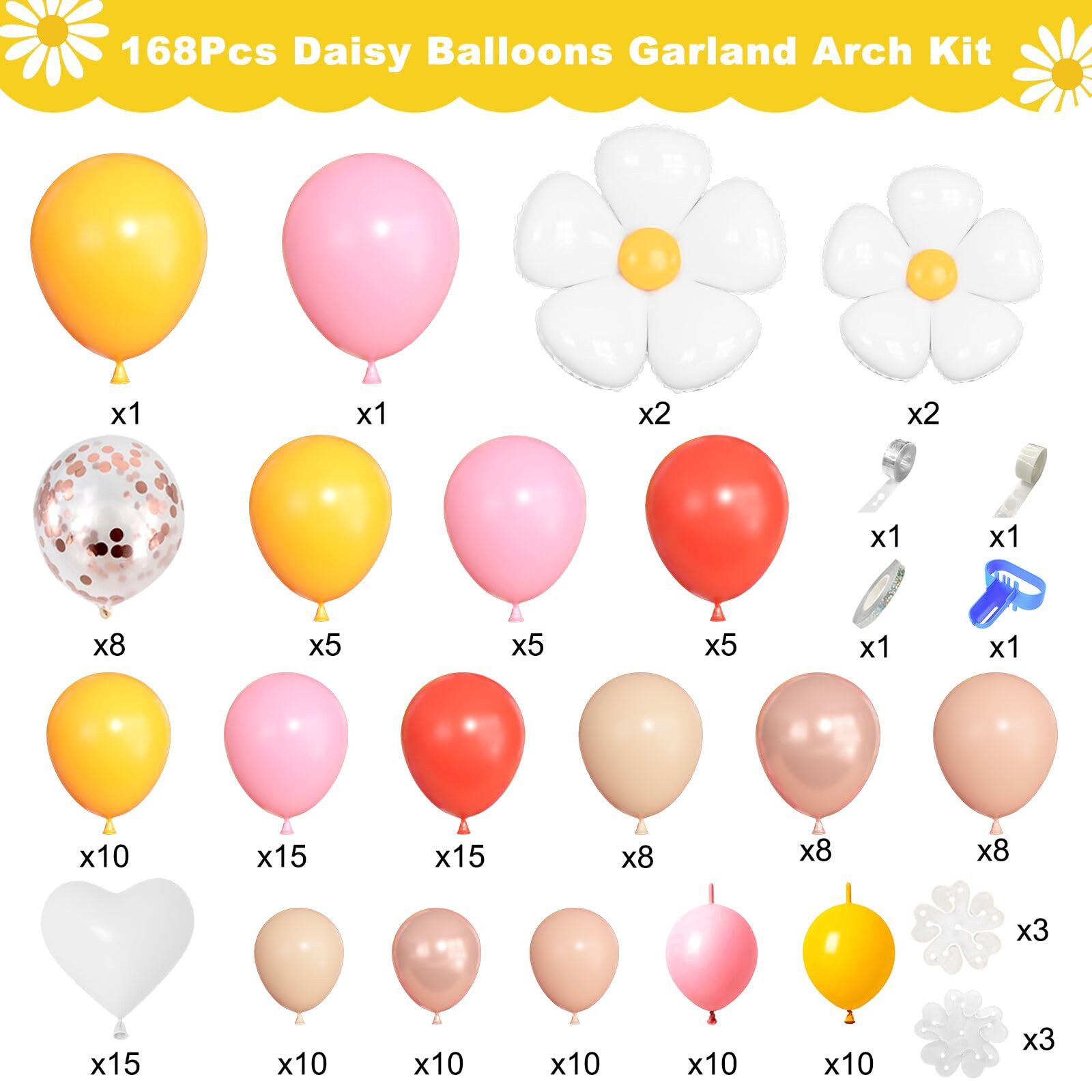 168Pcs Daisy Balloon Arch Garland Kit, Mothers Day Pastel Pink Orange Yellow Confetti Daisy Flower Balloons for Two Groovy One Birthday Floral Boho Girl Baby Shower Wedding Hippie Party Decorations