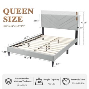 Zeelovtress Queen Size Upholstered Bed Frame with Adjustable Headboard, Velvet Platform Bed, Tufted Bedframe Mattress Foundation with Strong Wooden Slats, Easy Assembly, Light Grey