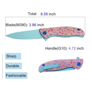 AMSOTTA Pink Sprinkle Donut Knife, Sharp Folding Pocket Knives for Men Women, G10 Handle M390 Blade EDC Knife with Pocket Clip