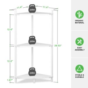 Corner Shelf Stand - 3 Tier Walnut Bamboo Small Corner Bookshelf for Office Kitchen Bedroom Plant Stand Living Room Decor Small Space (White)