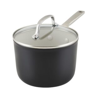 kitchenaid hard anodized ceramic nonstick cookware sauce pan with lid, 3 quart, matte black