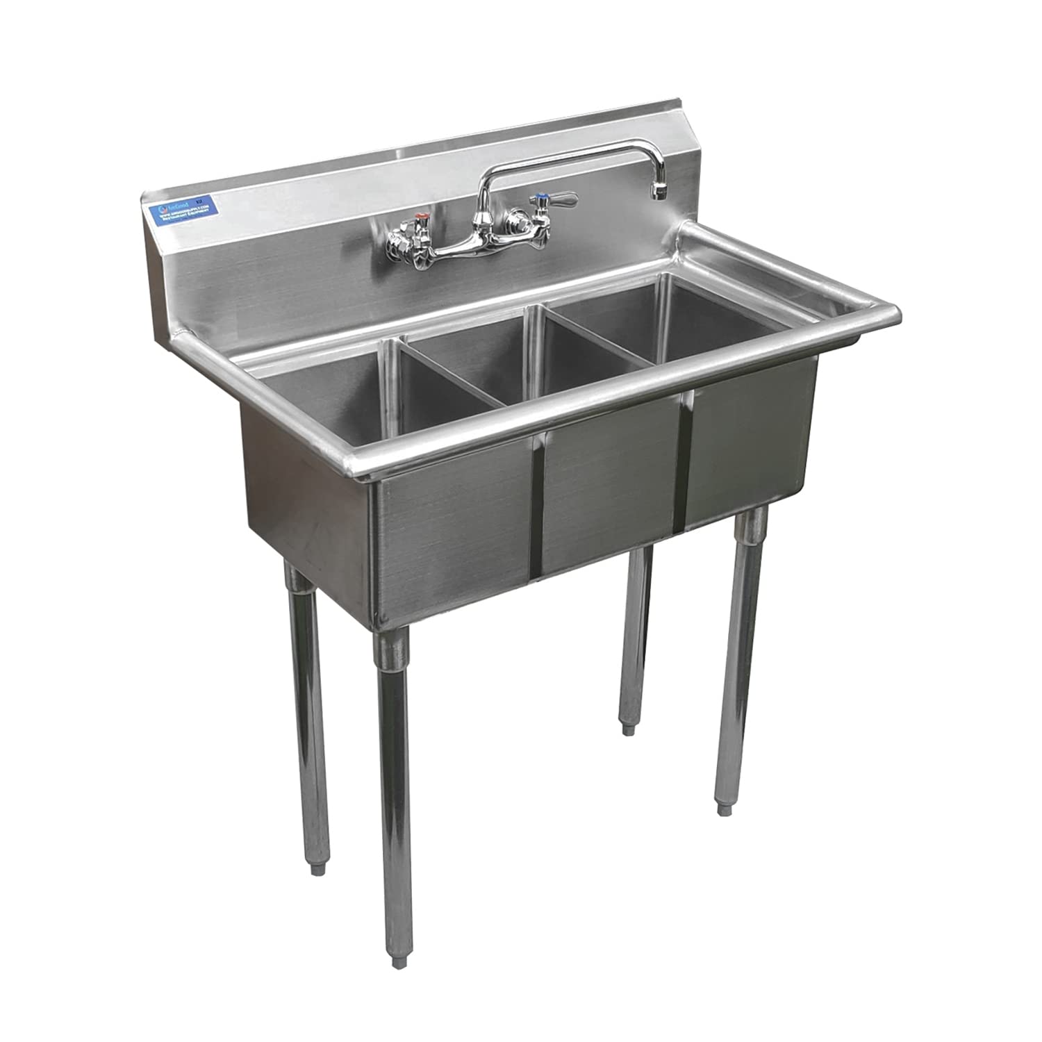 Stainless Steel Sink - 3 Compartment Sink 10"x14"x10" with Legs and Faucet | Utility | Commercial | Laundry | Kitchen | NSF