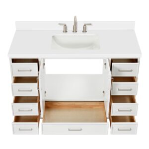 ARIEL Stafford 55" White Bathroom Vanity, 1.5" Edge Pure White Quartz Countertop & Splash, Single Rectangular Sink, 2 Soft Closing Doors, 9 Full Extension Dovetail Drawers, Brushed Nickel