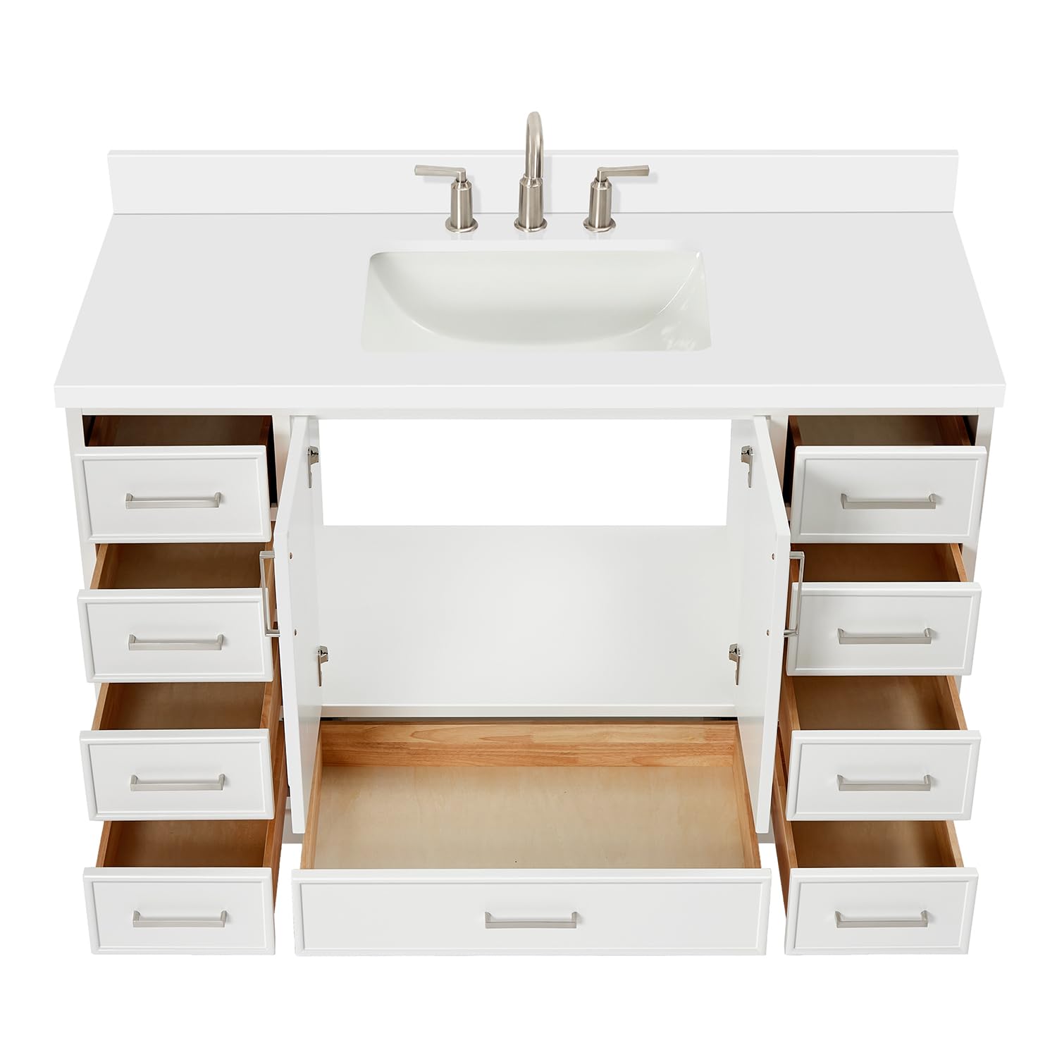 ARIEL Stafford 55" White Bathroom Vanity, 1.5" Edge Pure White Quartz Countertop & Splash, Single Rectangular Sink, 2 Soft Closing Doors, 9 Full Extension Dovetail Drawers, Brushed Nickel