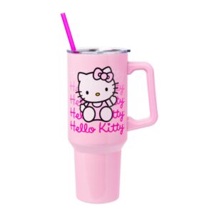 silver buffalo sanrio hello kitty waving stainless steel tumbler with handle and straw, fits in standard cup holder, 40 ounces