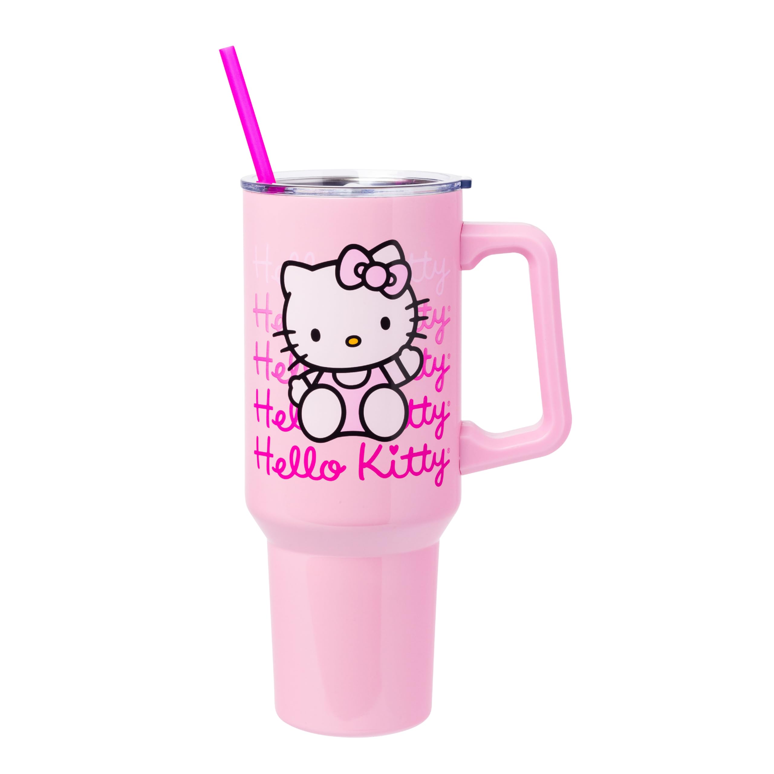 Silver Buffalo Sanrio Hello Kitty Waving Stainless Steel Tumbler with Handle and Straw, Fits in Standard Cup Holder, 40 Ounces