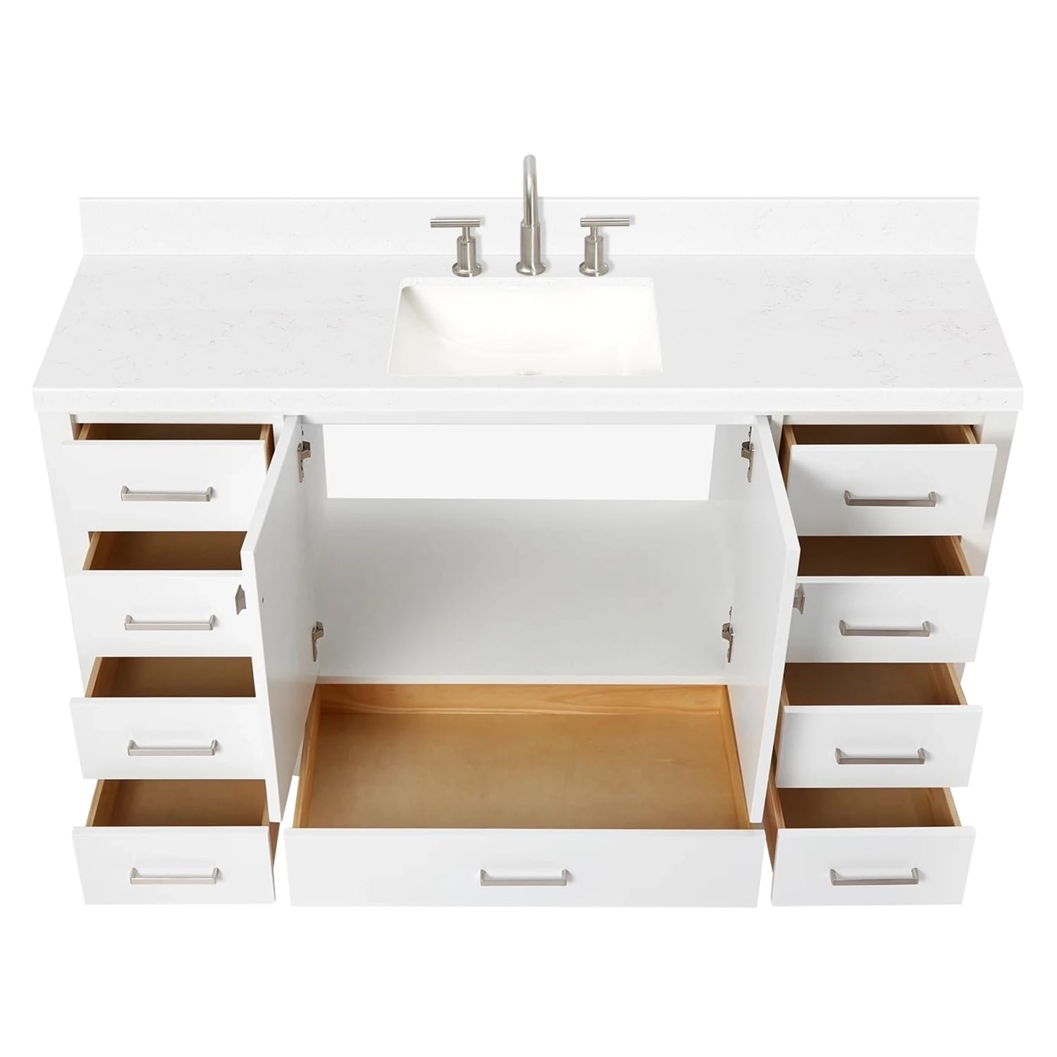 ARIEL Cambridge 60" White Bathroom Vanity, 1.5" Edge Carrara White Quartz Countertop & Splash, Rectangular Sink, 2 Soft Closing Doors, 9 Full Extension Dovetail Drawers, Brushed Nickel