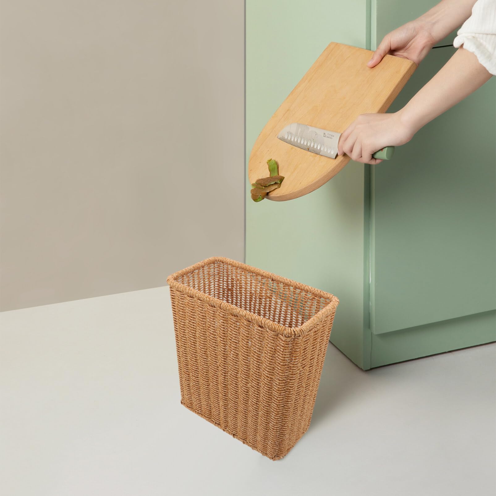 Ciieeo Wicker Trash Can Slim Woven Trash Basket Wastepaper Basket Narrow Garbage Bin Rubbish Can Storage for Dorm Laundry Bathroom Bedroom Kitchen