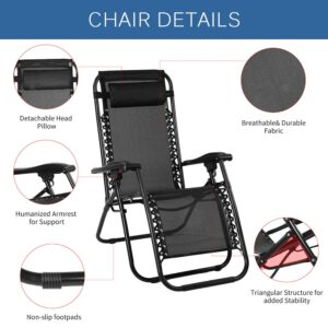 EZONE Zero Gravity Lounge Chairs Outdoor Adjustable Reclining Patio Chair Steel Mesh Folding Recliner for Pool Beach Camping Lounge Chair with Pillows and Cup Tray (1, Black)