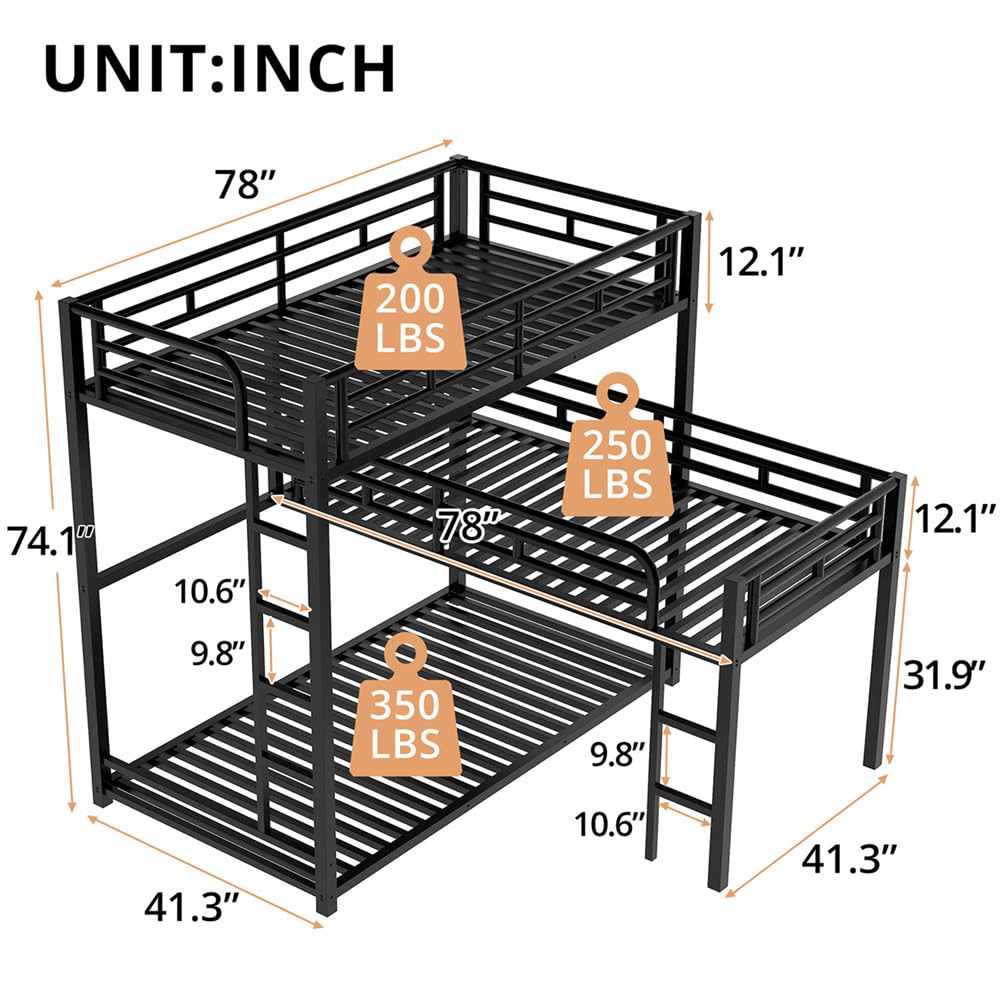 TURRIDU Heavy-Duty Triple Bunk Bed, Metal L-Shaped Bunk Bed for 3 Kids Adults with Built-in Ladder and Full-Length Guardrails, No Box Spring Needed & Space Saving Metal Triple Bunk Bed