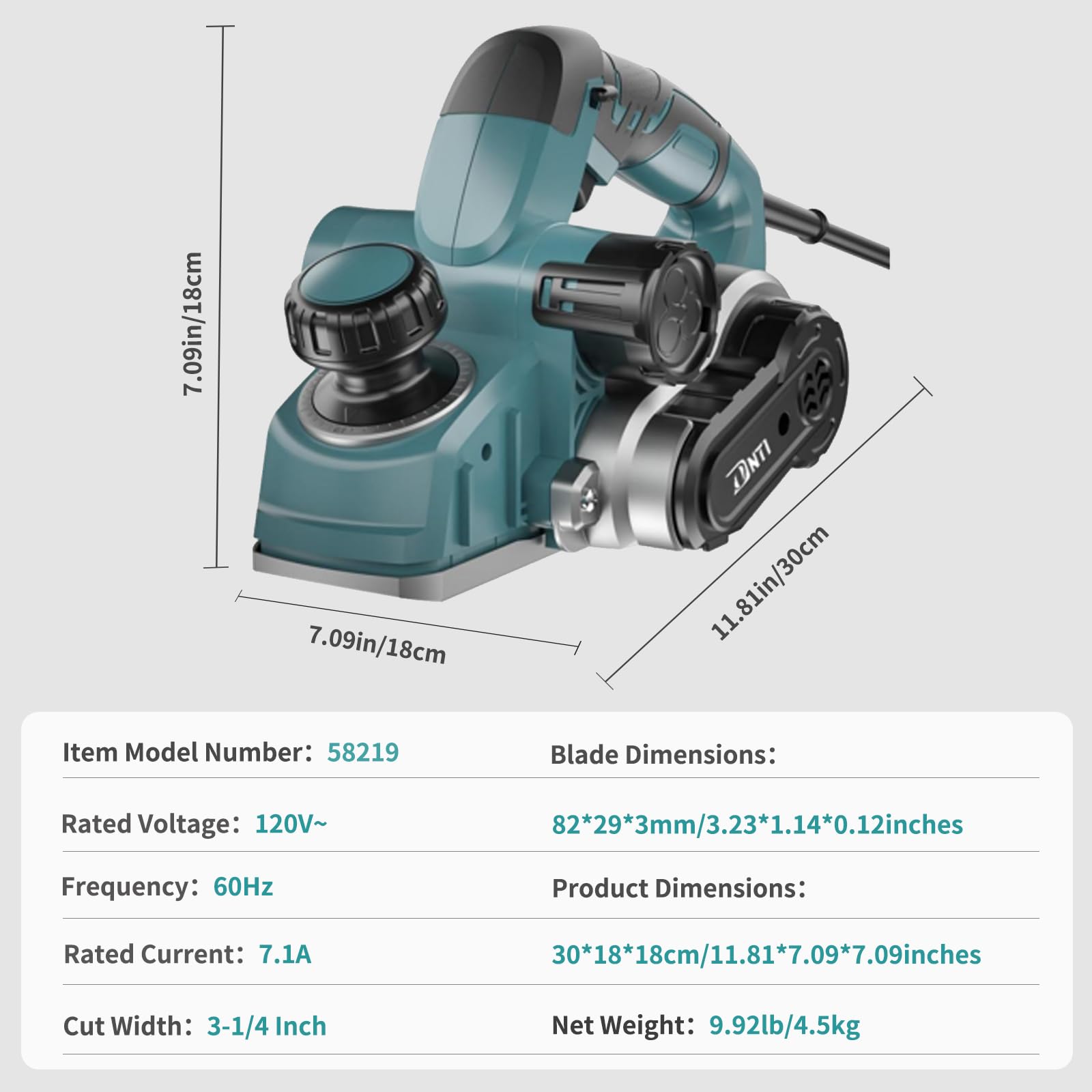 DNTI-7.1AMP Electric Hand wood Planer adjustable depth 0 mm to 4 mm Electric Hand held Planers for Woodworking 3-1/4 Inch corded Planer Wood Chamfer DIY Smooth Finish Carpentry Tool (58219-4MM)