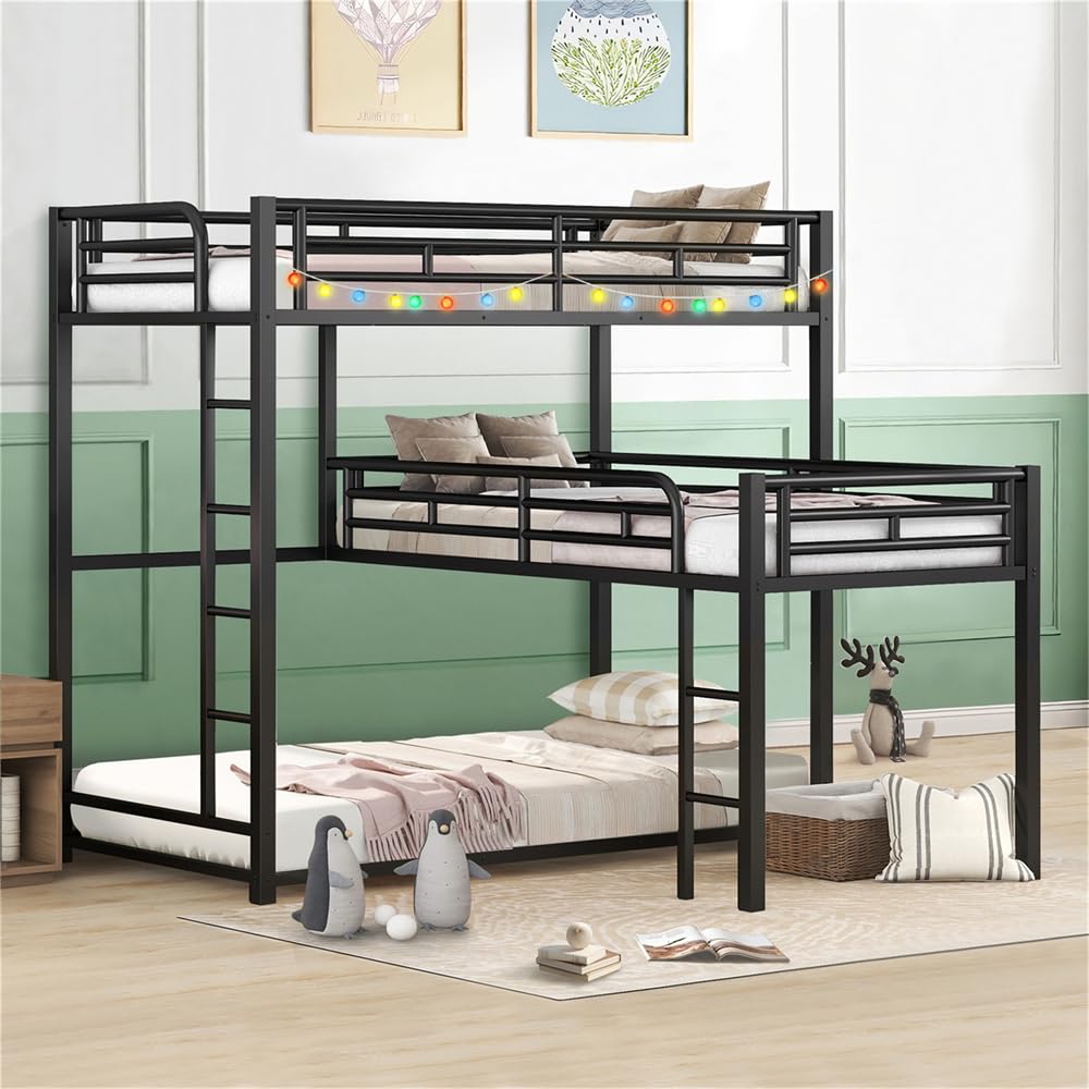 TURRIDU Heavy-Duty Triple Bunk Bed, Metal L-Shaped Bunk Bed for 3 Kids Adults with Built-in Ladder and Full-Length Guardrails, No Box Spring Needed & Space Saving Metal Triple Bunk Bed