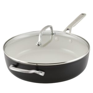 kitchenaid hard anodized ceramic 5-quart nonstick sauté pan with shatter-resistant lid & riveted handle – durable, even heating, easy clean, oven safe to 500°f, matte black