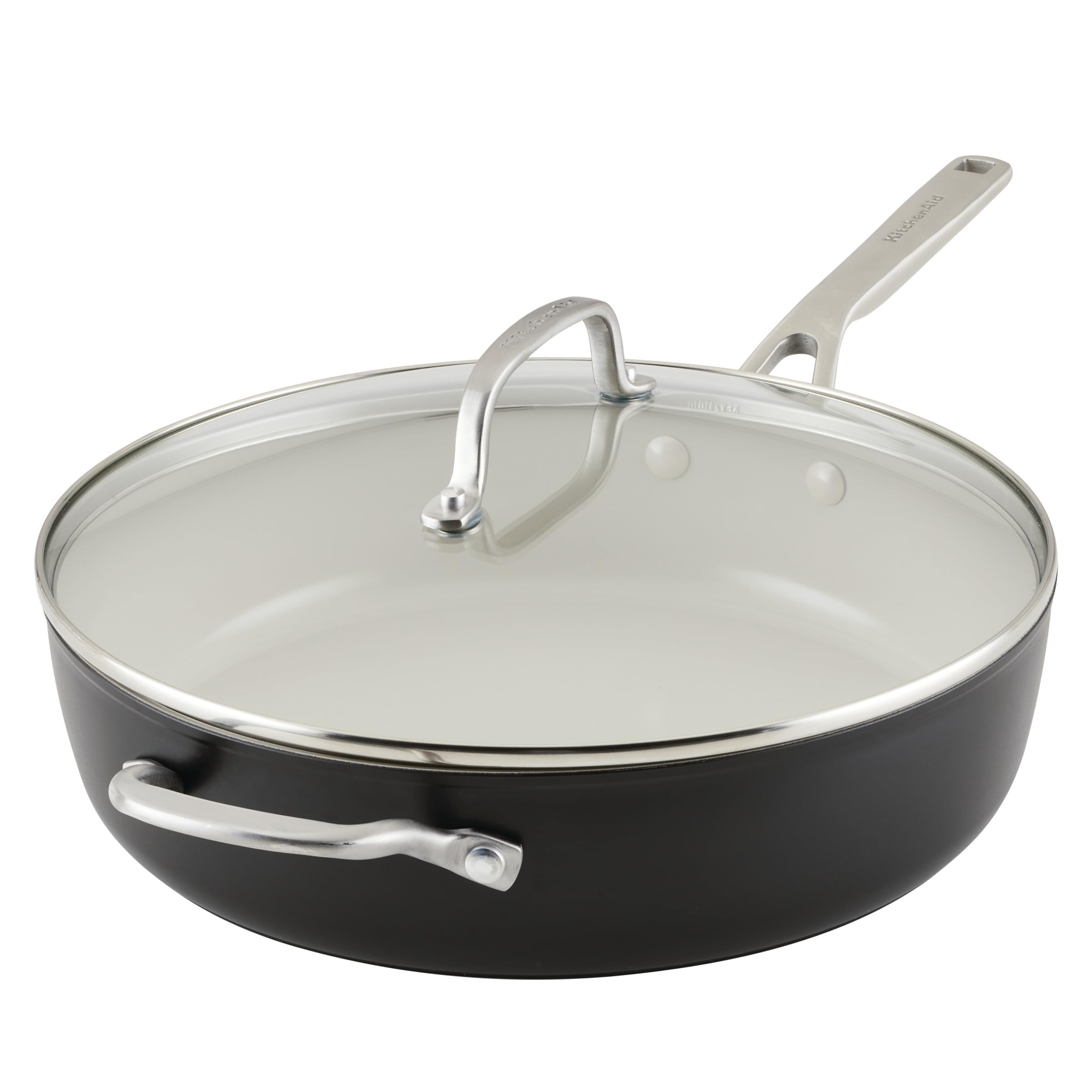 KitchenAid Hard Anodized Ceramic 5-Quart Nonstick Sauté Pan with Shatter-Resistant Lid & Riveted Handle – Durable, Even Heating, Easy Clean, Oven Safe to 500°F, Matte Black